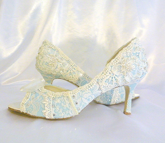 Something Blue ..mid heel...baby blue lacey wedding shoes...peep toes...Swarovski crystals and pearls