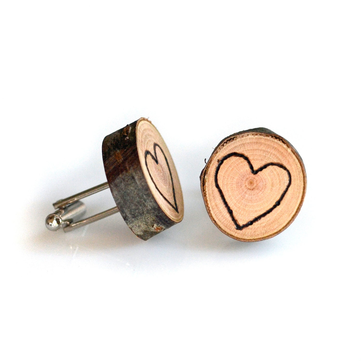 WOOD BURNED personalized wood tree trunk heart cuff links