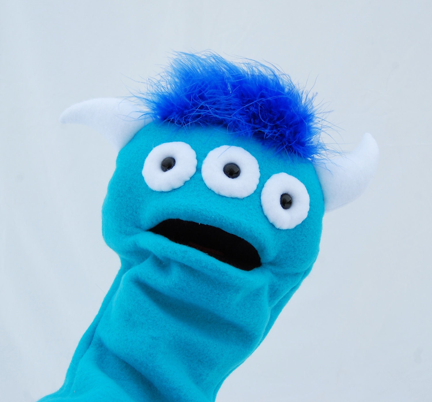 Blue Hand Puppet Large Three Eyed Monster with Moving Mouth Plush Toy