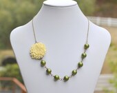 Ivory Chrysanthemum and Olive Green Asymmetrical Beaded Fashion Statement Necklace. Fall Fashion Necklace in Ivory and Green. GIFT FOR HER