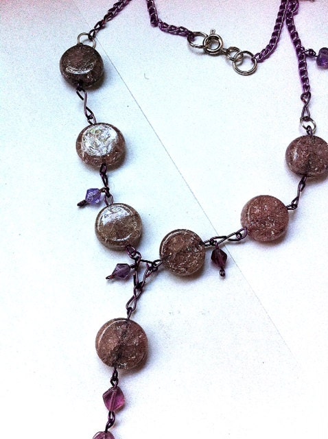 purple crackle glass  discs  Y necklace  for mothers day