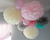 Paper Pom Poms - 7 Shabby Chic Pom Set - Your Color Choice- SALE