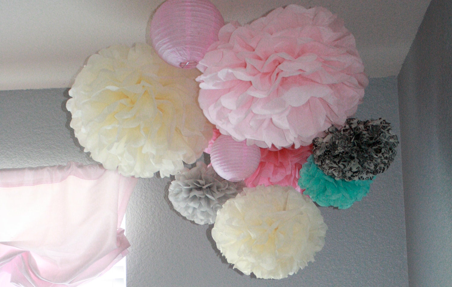 Paper Pom Poms - 7 Shabby Chic Pom Set - Your Color Choice- SALE