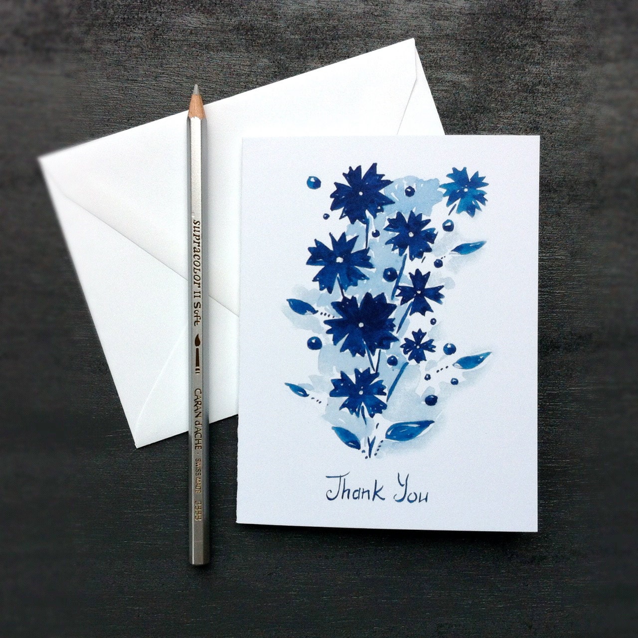Watercolor Hand Painted Blue Flowers - Thank You