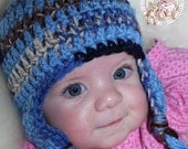 Crochet Baby Hat, Crochet Striped Beanie, EarFlap Beanie, Variegated Blue, Black, Grey, Photo Prop, 3 - 6 months, READY TO SHIP