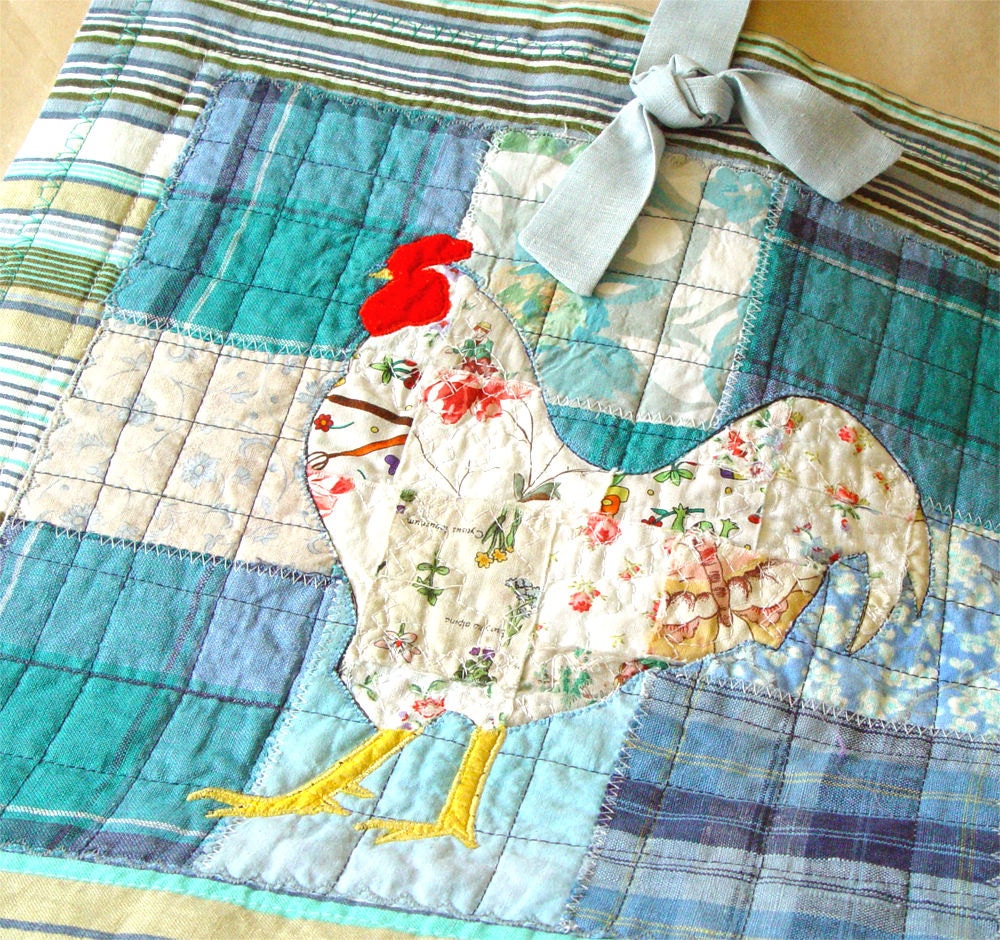 ROOSTER Kitchen Decor, Art Quilt, Textile Wallhanging, Rustic Cottage, Made in Poland, Folk Art