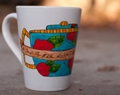 A Cup of Tea Solves Everything - Hand Painted Tea Mug - Medium-sized tall white mug with teapot and banner