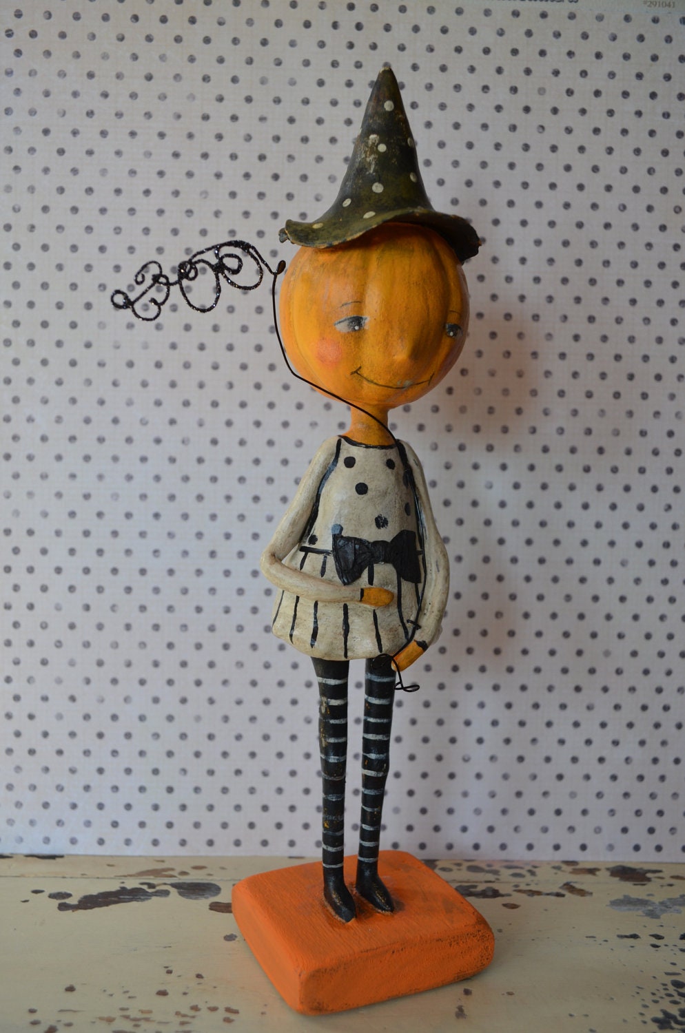 Halloween Folk Art "Pumpkin BOO Doll" Paperclay