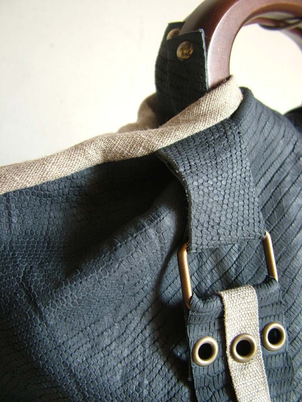 Reserved for Wtafreak -CLEARANCE Leather Tote in Navy Blue with Natural Linen Trimming. Ready to Ship. 50% off original price.