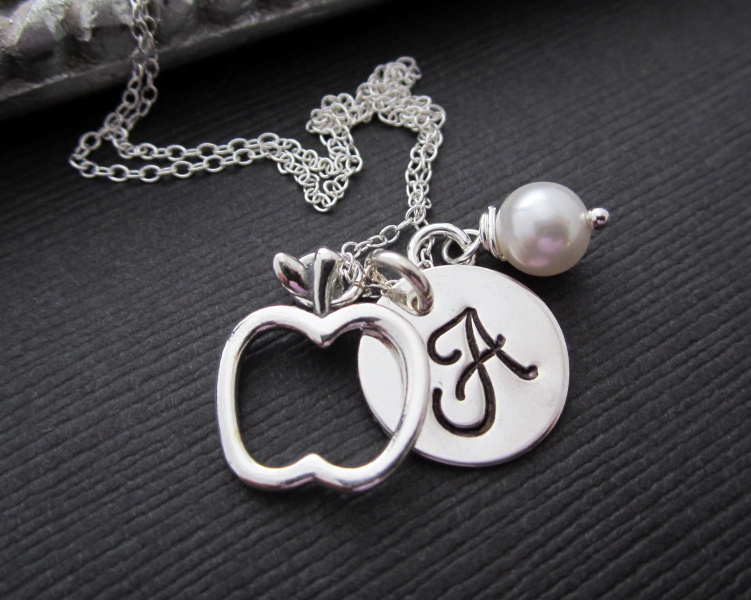 Teacher appreciation Necklace - Teacher Apple Necklace - Teacher Gift Hand Stamped Jewelry Personalized Monogram