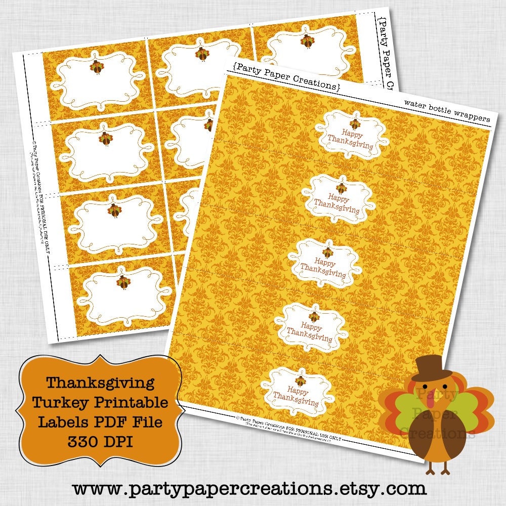 Happy Thanksgiving Turkey Printable Labels, Placecards, Water Bottle Wrappers PDF Files Il_570xn