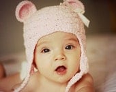 Shabby Chic Hat, Baby Girl Winter Hat, Newborn Photo Prop, Girl Bear Hat - Light Pink with bow