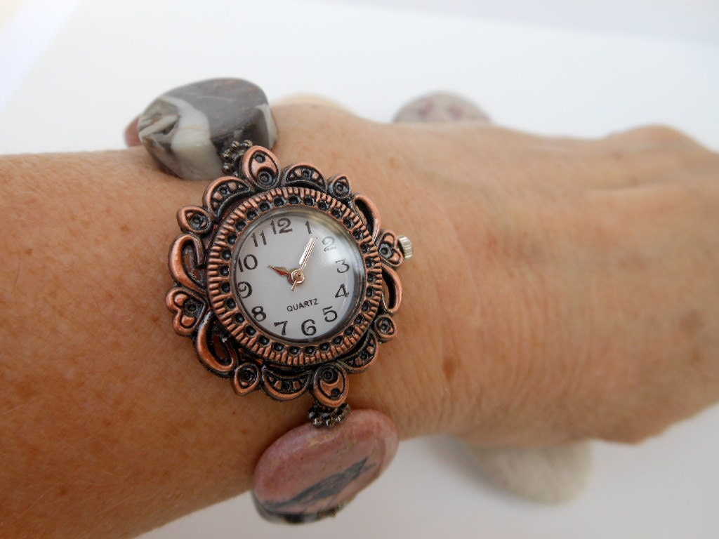 Round Copper Watch Face with Semi-Precious Stones and the Easiest Clasp Ever