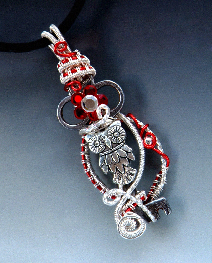 Owl Skeleton Key Necklace, Wire Woven Antique Skeleton Key pendant, Red flower silver owl, red and silver wire wrapped key