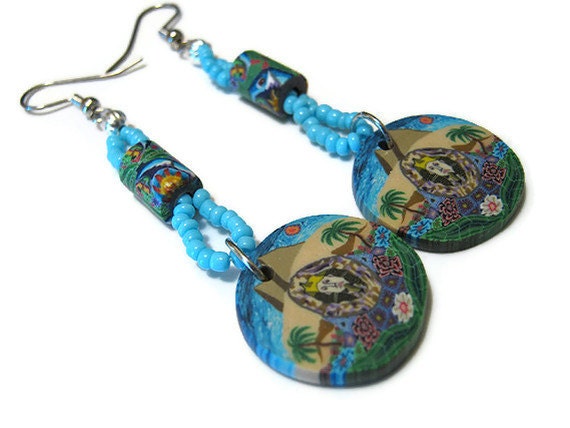 Eyptian Style King Tut and Pyramids Polymer Clay Turquoise Blue Earrings