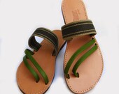 Greek Leather Sandals - Handmade - Olive Green