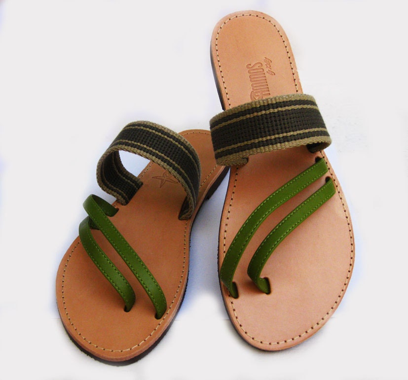 Greek Leather Sandals - Handmade - Olive Green