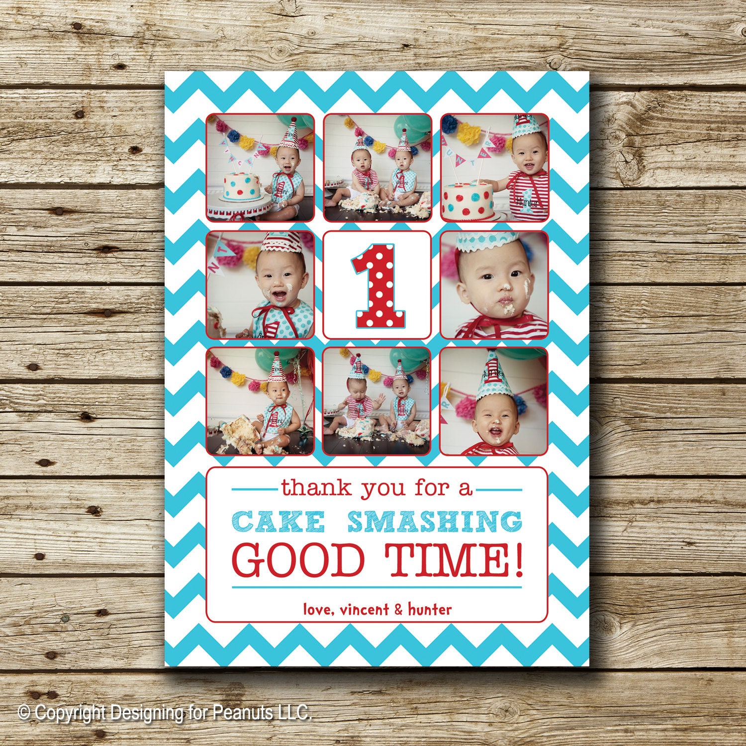 Dr. Seuss inspired Cake Smash Thank You Card, collage, birthday thank you card, aqua and red, chevron, polka dots, digital, printable