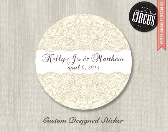 100 Custom Wedding Stickers - Vintage Lace Wedding Labels - 2 inch round