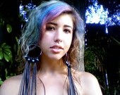 Black and turquoise hoop feather earrings