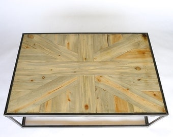 Beetle Kill Pine Union Jack coffee table with an industrial metal frame / Natural wood table British Flag Design Inlay