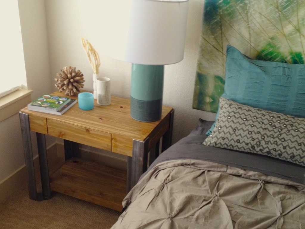 Gale Side Table angle iron welded steel legs and natural beetle kill pine wood with eco-friendly stain