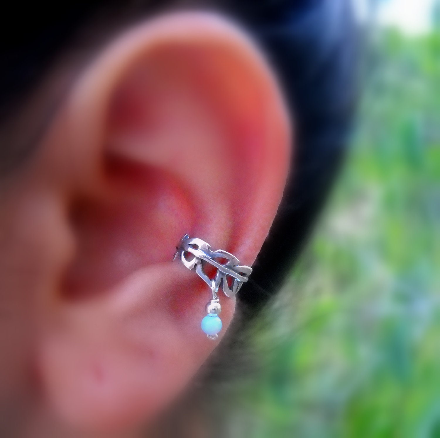 Sterling Silver Handcrafted Leaf Textured Opal Ear Cuff Cartilage/catchless/helix