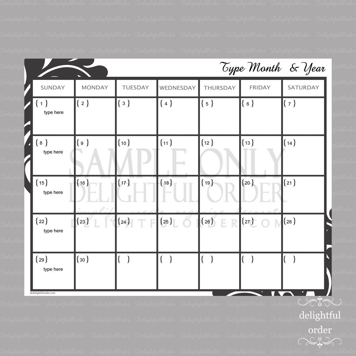 Editable Monthly Calendar  - (1) PDF Printable File