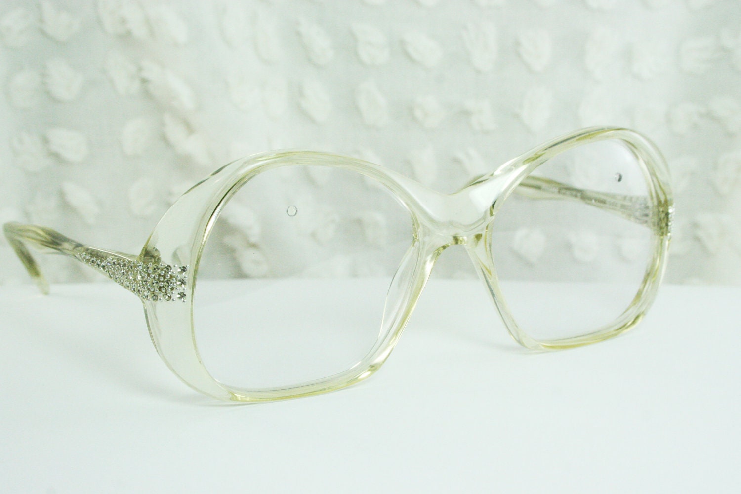 80s Oversize Sunglasses 1970s Rhinestone Eyeglass Womens Translucent Clear New Old Stock 50/18 Silvette Optical Quality Frame Italy