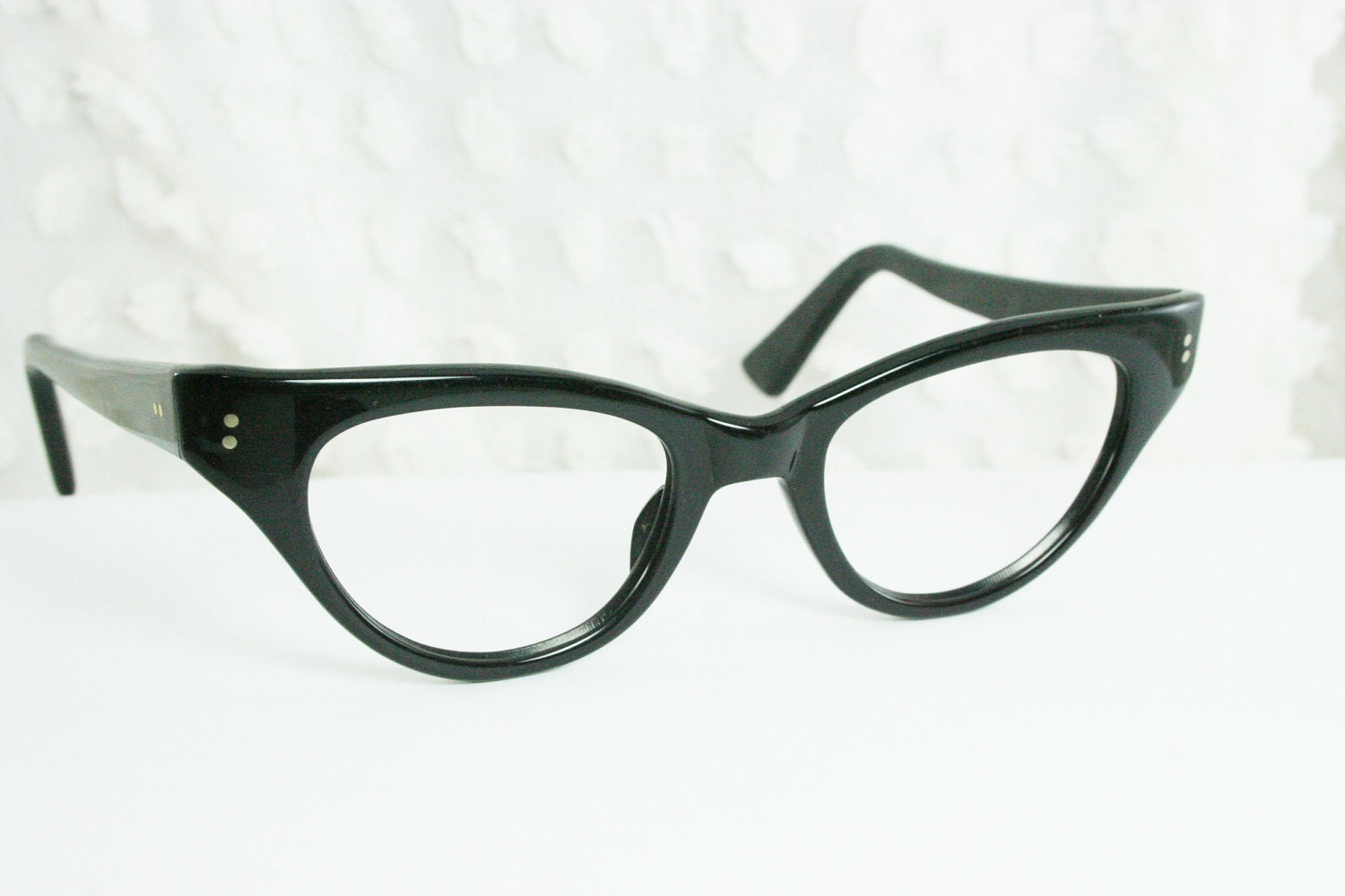 Vintage 50s Cat Eye Glasses 1950's Black Eyeglasses Classic Squared Frame Star Stud NOS Large 48/23 Optical Frame