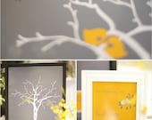Wedding Tree Guest Book Alternative- Thumbprint Tree - Custom Love Birdies 16" x 24" Wedding Tree - 75-200 Thumbprints - Gray and Yellow