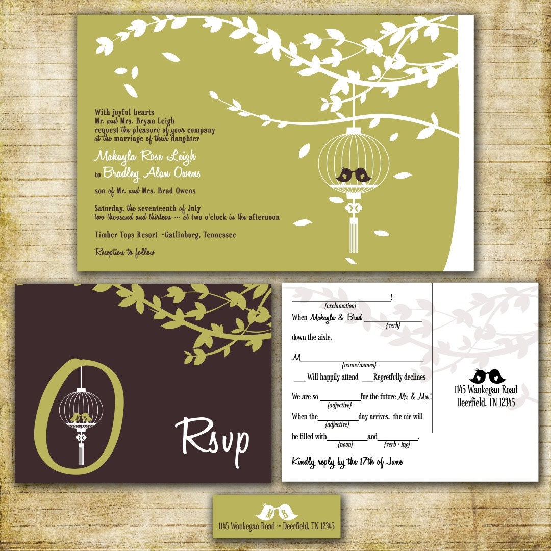 Custom Love Birds in a Cage Wedding Invitation Suite with RSVP postcards and address labels - Sage Green and Brown