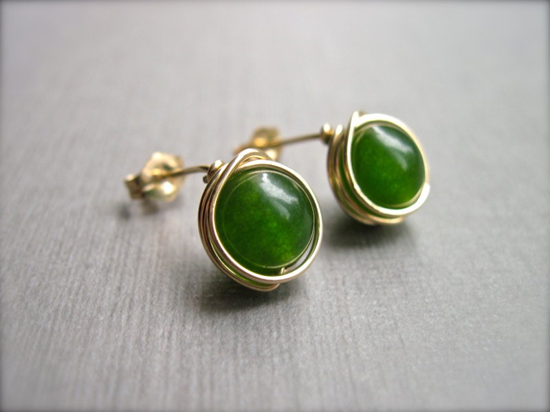 Green Gemstone Post Earrings in 14K Gold Fill, Wire Wrapped Post Earrings, Moss Green Jade Earrings, Petite Wrapped Green Stone