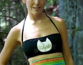 White lace Cat head black bandeau adjustable bikini top
