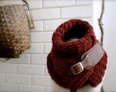 Oxblood herringbone chunky knit scarf with leather buckle