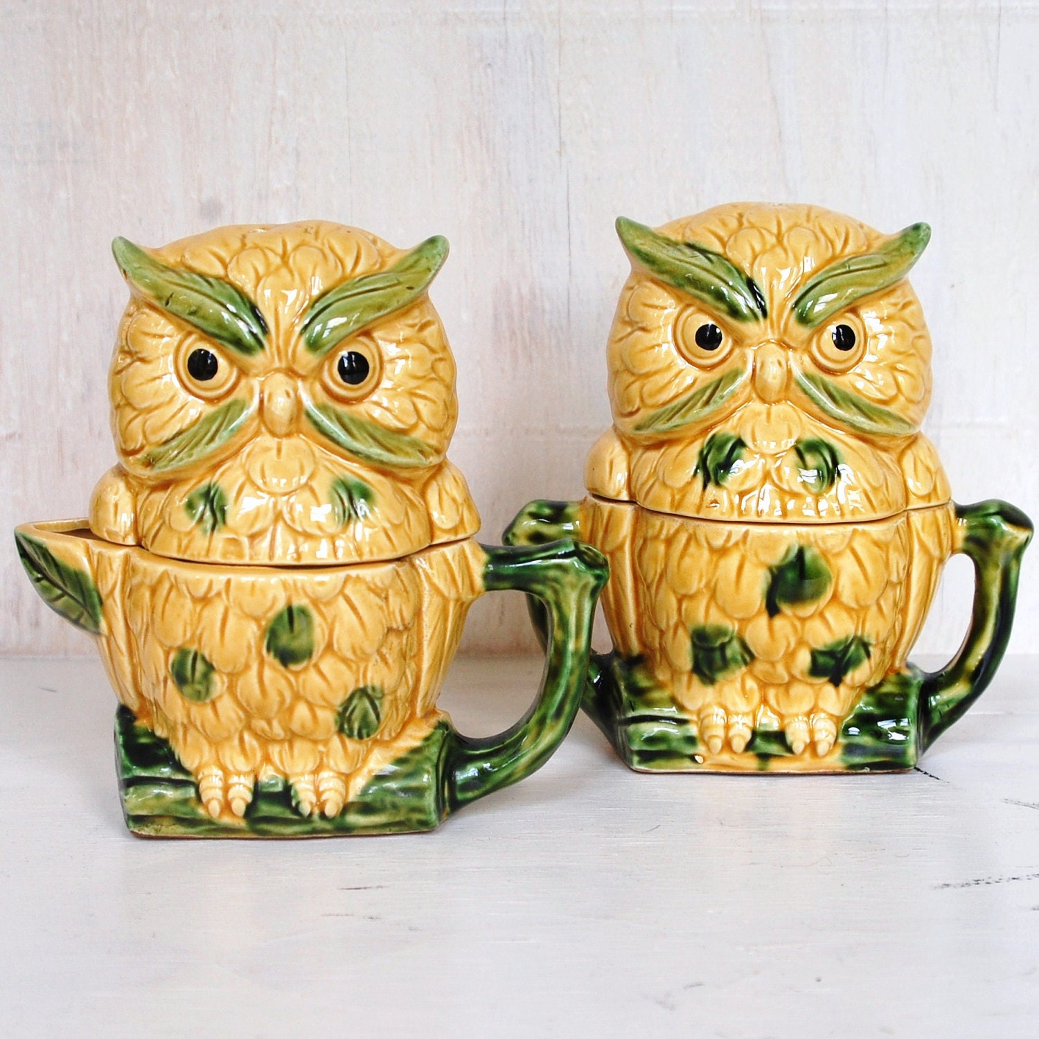 Vintage 1970s Owl Salt and Pepper Shaker, Sugar and Creamer Set