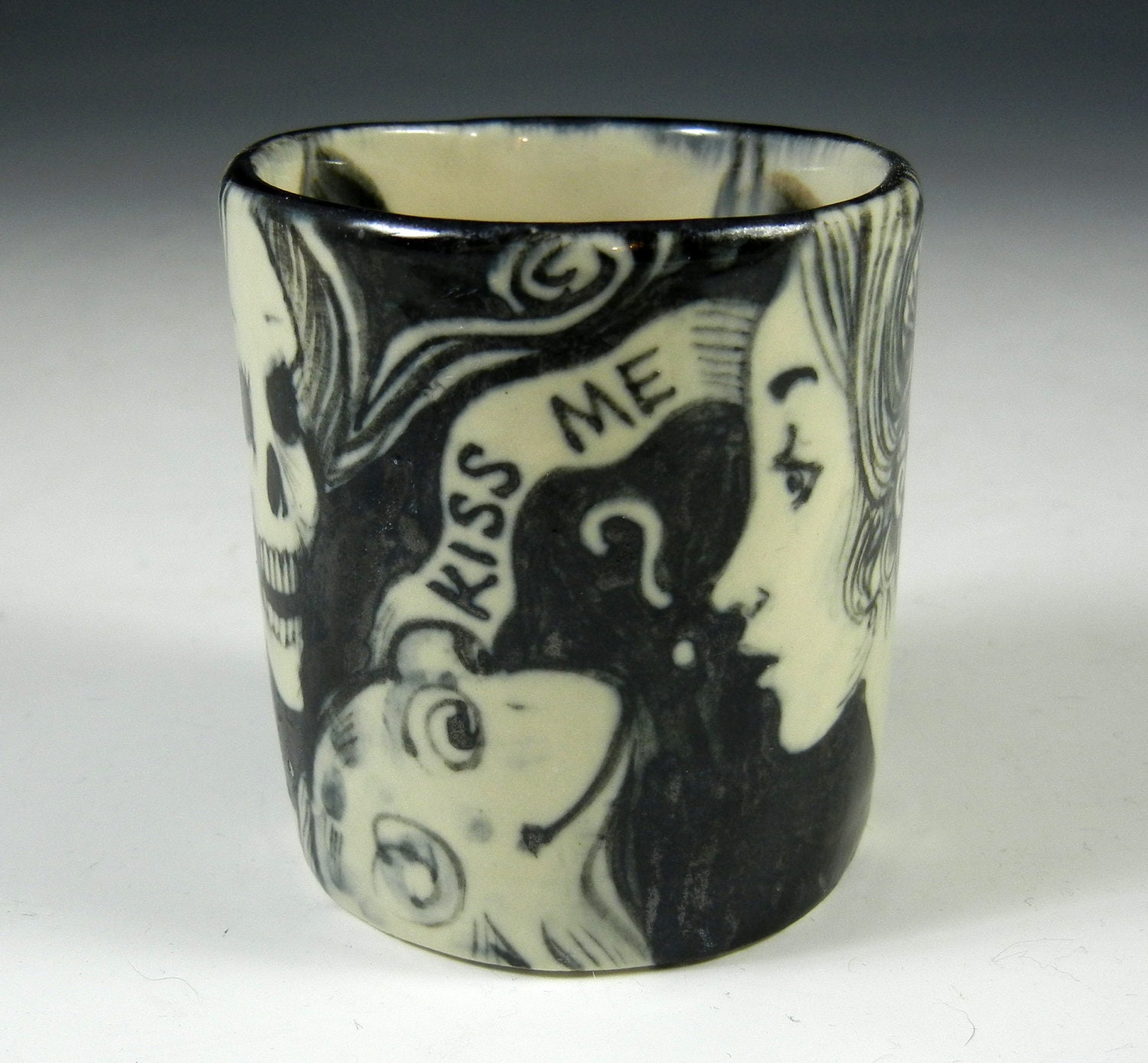 reserved pair of cups-Black and white OOAK porcelain painted cup- skeletons and lady with frog and bird cup