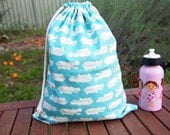 Large Drawstring Bag / Library Bag - Blue Hippos