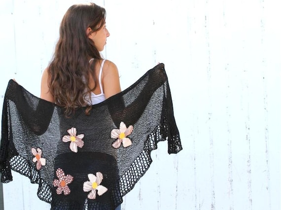Spring Scarf Rustic black knitting Wrap Shawl With Fabric flowers applications