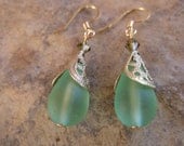 Fancy gold filigree green frosted glass dangle earrings, handmade jewelry, free shipping