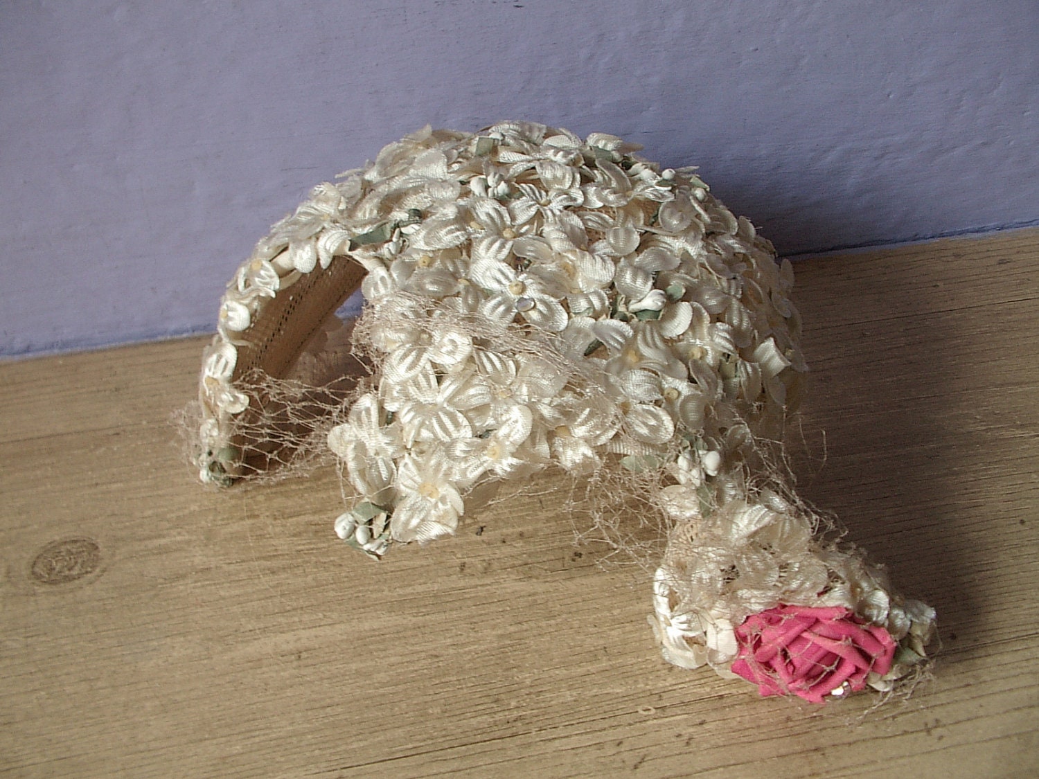 vintage white flowers wedding hat, womens hat fascinator, pink rose, art nouveau, flapper, netting, Pittsburgh hats for women