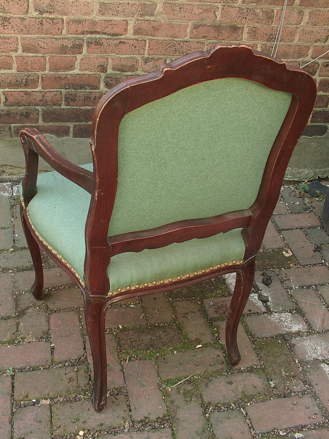 antique furniture French Provincial arm chair, shabby chic dining room furniture, green naugahyde leather, bedroom, captains chair