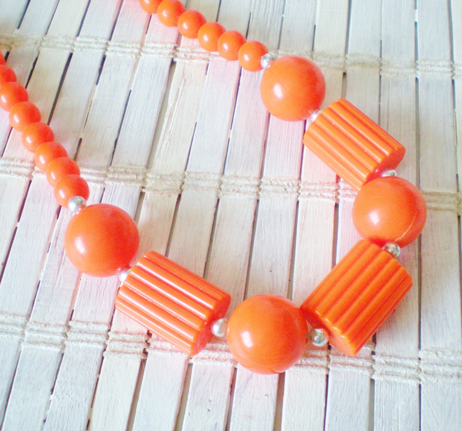 Vintage Tangerine Orange Beads Necklace 1960s Signed Hong Kong