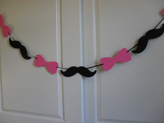 Mustache Bow Tie Banner Black and Hot Pink Gender Reveal Garland Birthday Party Little Man Bachelor party baby shower Custom colors Il_570xn