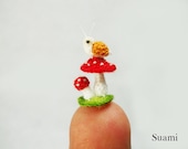 Micro Brown Snail Red Mushroom - Mini Tiny Amigurumi Crochet Miniature Snails - Made To Order