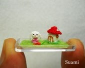 Ultratiny Bunny Rabbit - Micro Crochet White Bunny Rabbit 1/5 Inch With Carrot and Mushroom House - Made To Order