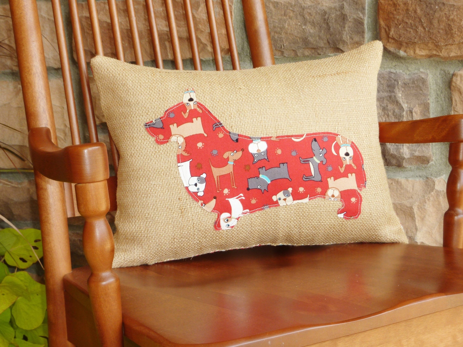 Appliqued Corgi Silhouette Burlap Pillow- Red Dog Fabric- insert included- ready to ship