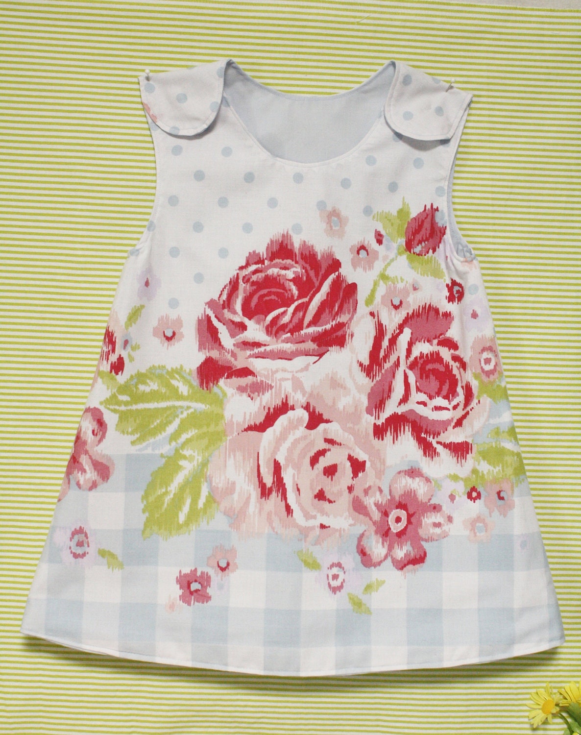 Girls pinafore dress, size 2, spotty pinafore with pale blue checks and bright floral print with sky blue lining, tea party, birthday dress