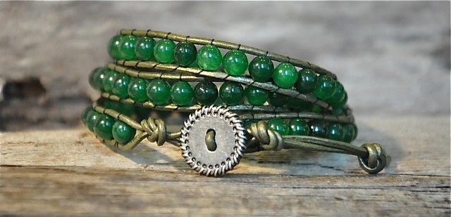 3 Wrap Green Jade 6mm Leather Bead Bracelet