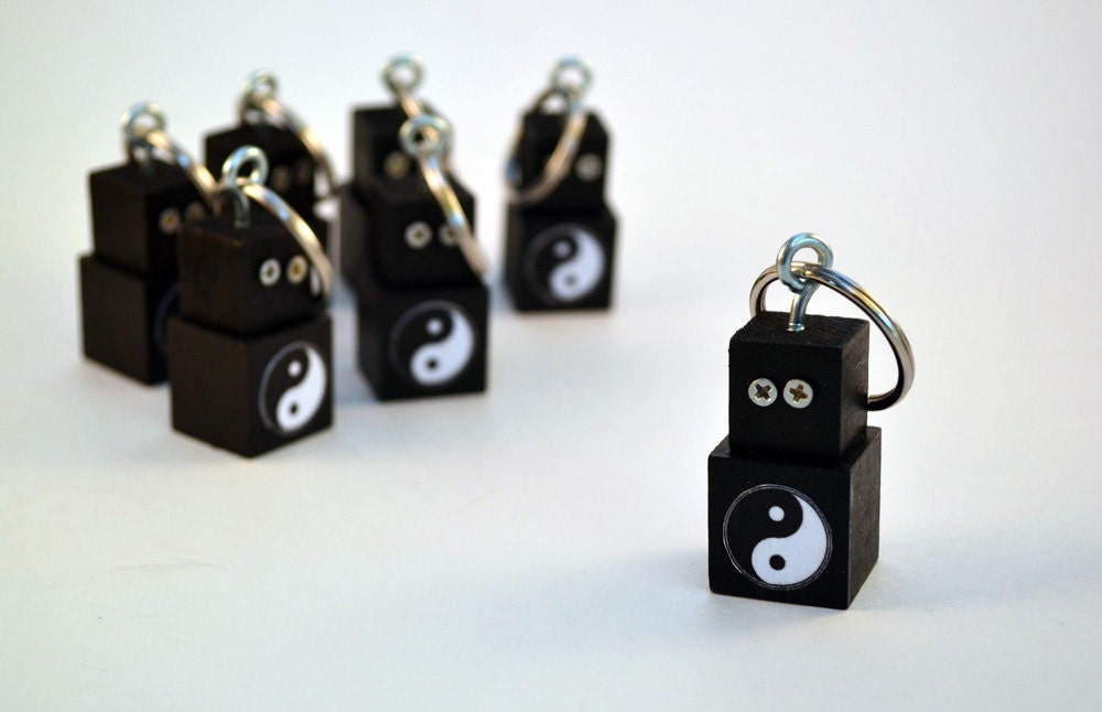 Robot Key Ring Key Chain, Functional Art, Black Yin Yang Bot